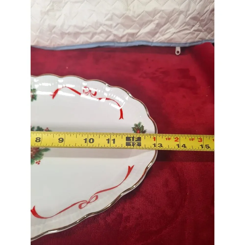 Walbrzych Holiday Ribbon Oval Serving Platter Christmas Basket Porcelain- Nice!